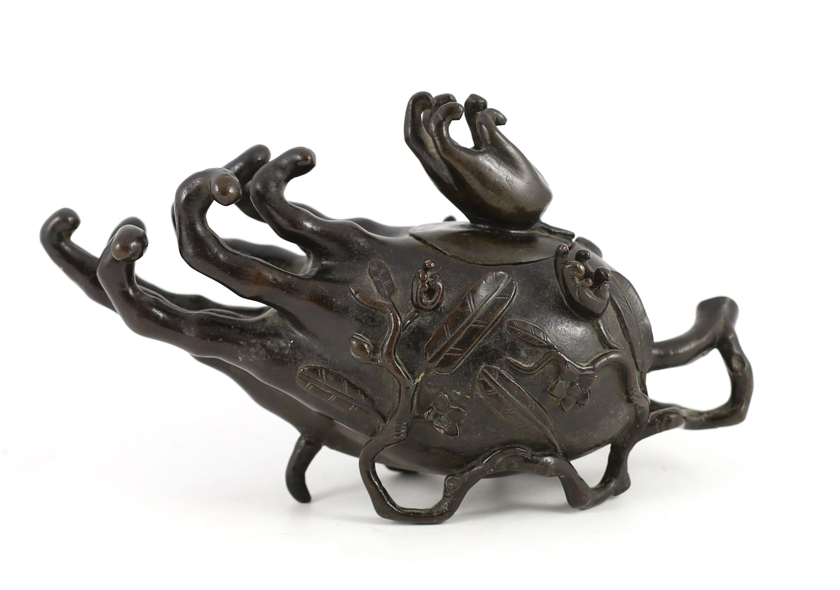 A Chinese bronze ‘finger citron’ censer and cover, late Ming dynasty, 18cm high, 31cm long, lid fixed